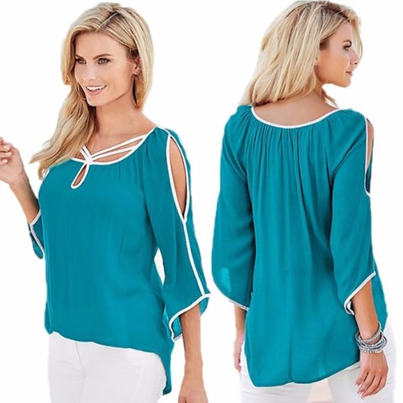 Venus Aqua Teal Blue Spring Summer Chiffon Casual Irregular Sleeve Top - Picture 1 of 8